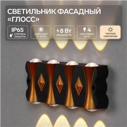 УЦЕНКА Светильник фасадный «Глосс», FSD-044, 8 Вт, 3000К, 4 луча, IP65, 220 В, пластик, черный   100
