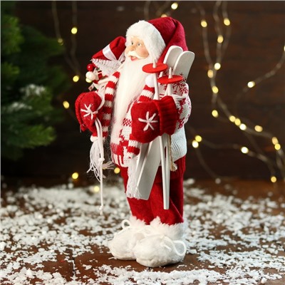 Дед Мороз под ёлку «Зимнее волшебство. Новогодняя игрушка в вязаном костюме, с лыжами и мешком», 30 см