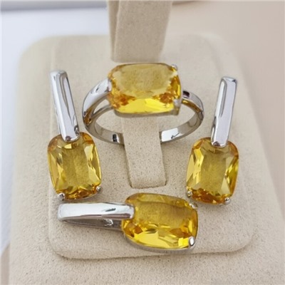 Комплект ювелирной бижутерии коллекция "Дубай" серьги, кулон и кольцо 18 р покрытие посеребрение, вставка: стекло, цвет: желтый, арт.215.535-18