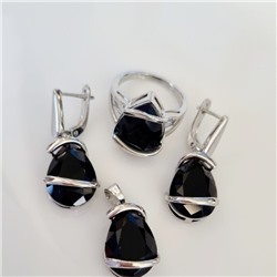 Комплект ювелирная бижутерия серьги, кулон и кольцо 17 р, покрытие: посеребрение, вставка: фианит, цвет: черный, арт.313.073-17