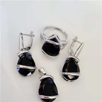Комплект ювелирная бижутерия серьги, кулон и кольцо 20 р, покрытие: посеребрение, вставка: фианит, цвет: черный, арт.313.073-20