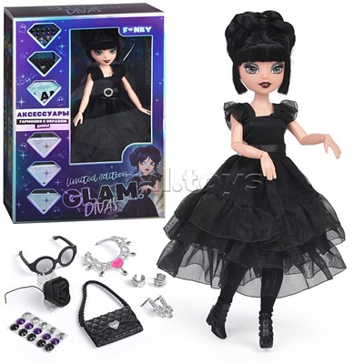 Модная кукла Glam Divas Вэнди с аксессуарами, черное платье 25 см.