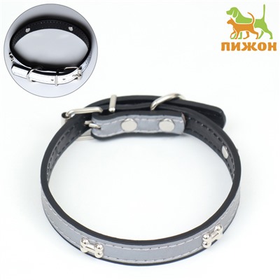 Ошейник «Пижон» с косточками, светоотражающий, 37×1.3 см, ОШ 26-33, чёрный