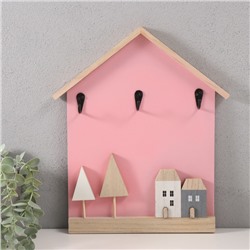 Настенные крючки декоративные «Домики и деревья», ключница, дерево, розовый, 28×33.5 см
