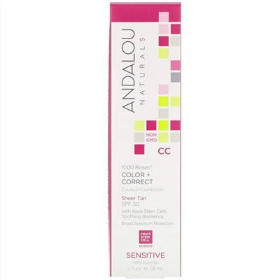 Andalou Naturals, CC 1000 Roses, тон + коррекция, для чувствительной кожи, SPF 30, легкий загар, 58 мл (2 жидк. унции)