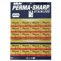 Лезвия для бритья классические двусторонние Джиллетт(ʤɪˈlet) Perma-Sharp Super Stainless 5шт.(20X5шт. =100 лезвий) на карте (Оригинал)