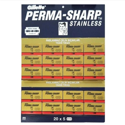 Лезвия для бритья классические двусторонние Джиллетт(ʤɪˈlet) Perma-Sharp Super Stainless 5шт.(20X5шт. =100 лезвий) на карте (Оригинал)