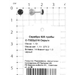 Серьги-пусеты из серебра с фианитами родированные 925 пробы с-7322р216