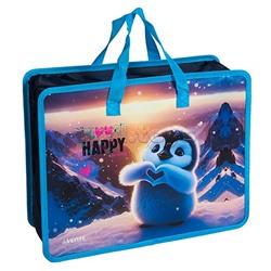 Папка для тетрадей, ИЗО и технологии "Happy Pinguin" A4 (33,5x26x10 см) с текстильным расширением 10 см, на молнии сверху, пластик 400 мкм, текстильные ручки, в пластиковом пакете