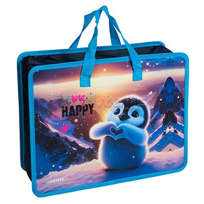 Папка для тетрадей, ИЗО и технологии "Happy Pinguin" A4 (33,5x26x10 см) с текстильным расширением 10 см, на молнии сверху, пластик 400 мкм, текстильные ручки, в пластиковом пакете