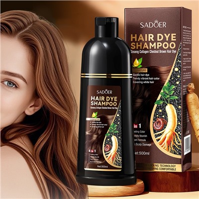 Шампунь для коричневых волос оттеночный с женьшенем, черным кунжутом и грибом рейши Sadoer, 500 мл.