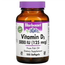 Bluebonnet Nutrition, Vitamin D3, 125 mcg (5,000 IU), 100 Softgels