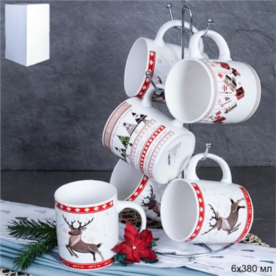 Кружка 6 штук на металлстенде 380 мл / 1188-7 / кружка новогодняя