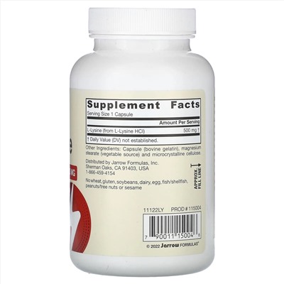 Jarrow Formulas, L-лизин, 500 мг, 100 капсул
