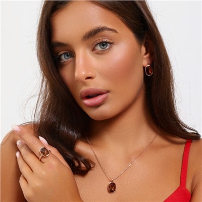 Комплект ювелирной бижутерии коллекция "Дубай" серьги, кулон и кольцо 17 р, покрытие позолота, вставка: искусственный кристалл, цвет: желто-оранжевый, арт.314.856-17