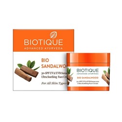 Biotique Sandalwood 50+ SPF UVA/UVB Sunscreen Ultra Soothing Face Cream/ Биотик Сандаловое Дерево Солнцезащитный и Успокаивающий Крем 50+ SPF 50г