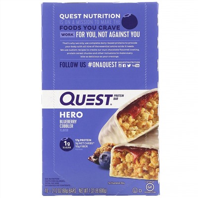 Quest Nutrition, Протеиновый батончик Hero, пирог с голубикой, 10 батончиков, вес каждого 60 г (2,12 унции) (Discontinued Item)