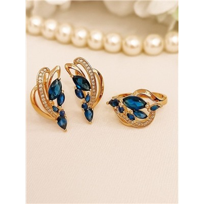 Комплект ювелирной бижутерии Дубайское золото покрытие позолота, серьги и кольцо 17 р, вставка: фианиты, цвет: темно синий и прозрачный, арт.414.096-17