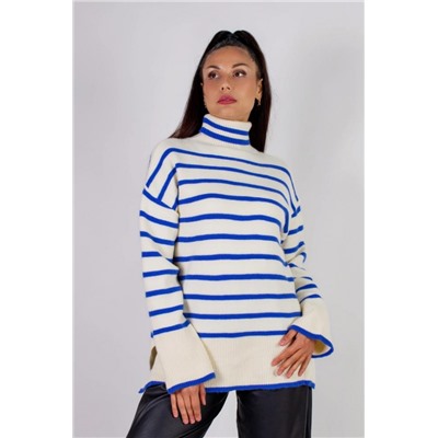 Теплая туника в полоску высокий ворот арт. 2918 (Молочный_синяя полоса)