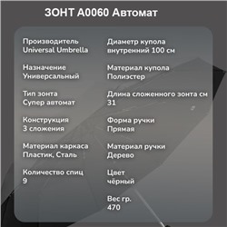 Зонт Universal полный автомат , черный, ручка дерево