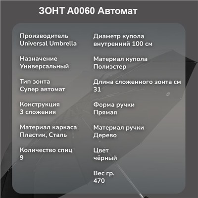 Зонт Universal полный автомат , черный, ручка дерево