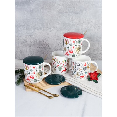 Кружка новогодняя с крышкой, ложка /400 мл/ HB-258 /уп 60/