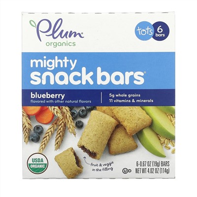 Plum Organics, Mighty Snack Bars, для малышей, голубика, 6 батончиков по 19 г (0,67 унции) каждый