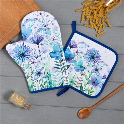 Набор кухонный «Blue flowers» варежка-прихватка 20×28 см, прихватка 19×19 см,100% хл