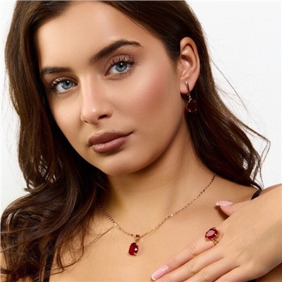Комплект ювелирной бижутерии коллекция "Дубай" серьги, кулон и кольцо 19 р, покрытие позолота, вставка: стекло, цвет: красный, арт.414.326-19