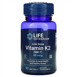Life Extension, небольшая доза витамина К2 (МК-7), 45 мкг, 90 мягких желатиновых капсул