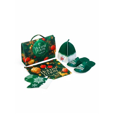 Набор для бани с принтом «С новым годом!», 5 предметов: шапка, рукавица, тапочки, коврик, портфель, зелёный, «Банная забава»