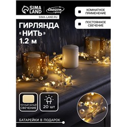 Гирлянда «Мишура» 1.2 м роса с насадками «Бусины», IP20, серебристая нить, 20 LED, батарейки CR2032×2 (в комплекте), свечение тёплое белое