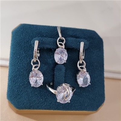 Комплект ювелирной бижутерии коллекция "Дубай" серьги, кулон и кольцо 18 р, покрытие посеребрение, вставка: стекло, цвет: прозрачный, арт.313.446-18