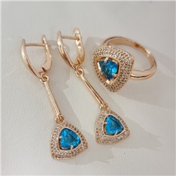Комплект ювелирной бижутерии коллекция "Дубай" серьги и кольцо 18 р покрытие позолота, вставка: фианиты и цирконы, цвет: голубой и прозрачный, арт.215.614-18