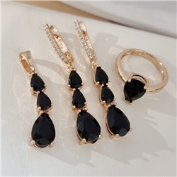 Комплект ювелирной бижутерии коллекция "Дубай" серьги, кулон и кольцо 17 р, покрытие позолота, вставка: фианиты и цирконы, цвет: черный и прозрачный, арт.414.284-17