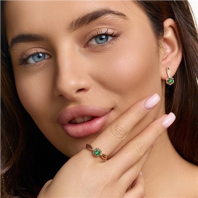 Комплект ювелирной бижутерии коллекция "Дубай" серьги и кольцо 18 р, покрытие позолота, вставка: фианиты и цирконы, цвет: зеленый и прозрачный, арт.215.676-18