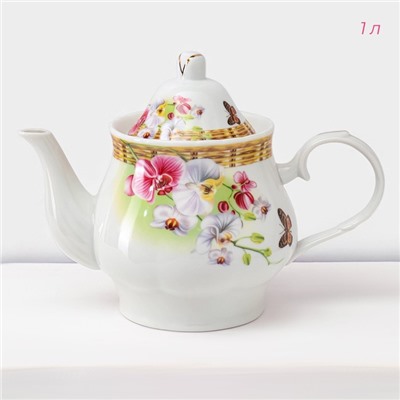 Набор чайный керамический на металлической подставке Доляна «Садовый дворик», 13 предметов: 6 чашек 200 мл, 6 блюдец d=14.1 см, чайник 1 л ㅤ