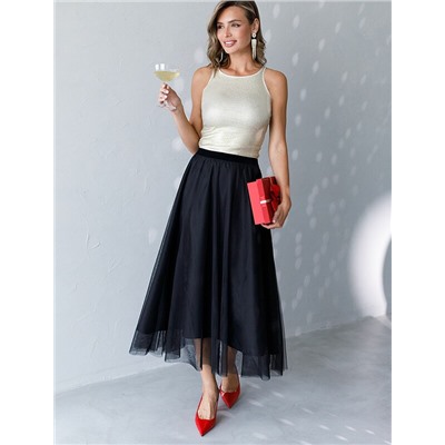 Топ с закрытым декольте из хлопка с эластаном в рубчик с матовым покрытием металлик