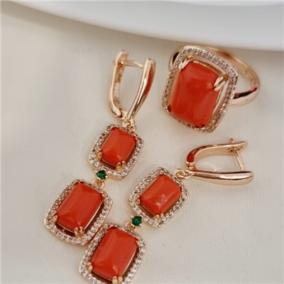 Комплект ювелирной бижутерии коллекция "Дубай" серьги и кольцо 18 р, покрытие позолота, вставка: фианиты и искусственный камень, цвет: оранжевый и прозрачный, арт.313.166-18