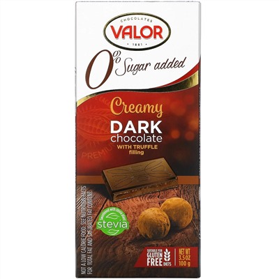 Valor, Creamy Dark Chocolate With Creamy Truffle Filling, 0% Sugar Added, 3.5 oz (100 g)
