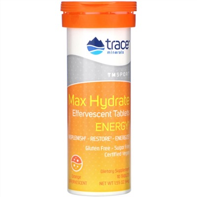 Trace Minerals Research, Max Hydrate Energy, Effervescent Tablets, Orange, 1.55 oz (44 g)