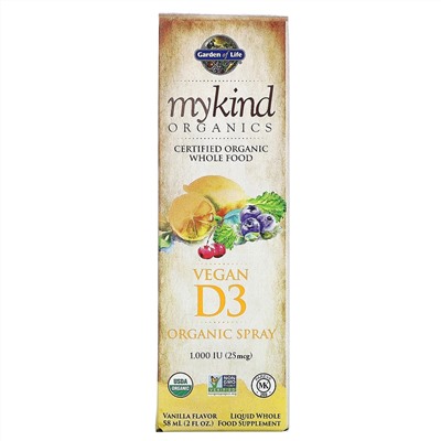 Garden of Life, MyKind Organics, веганский органический спрей с D3, ваниль, 25 мкг (1000 МЕ), 58 мл (2 жидк. унции)