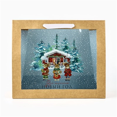 Пакет подарочный новогодний крафтовый с пластиковым окном «Новый год», 31×26×11 см