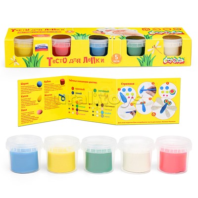 Тесто для лепки 5 цв. (красный, желтый, зеленый, синий, белый) по 90 г карт.уп.
