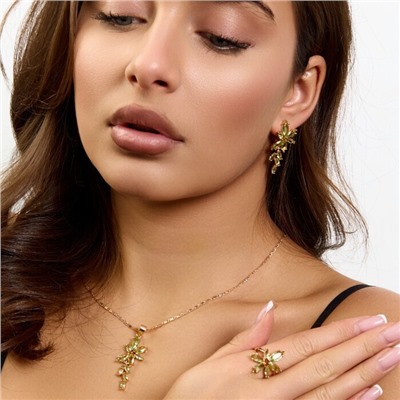 Комплект ювелирной бижутерии коллекция "Дубай" серьги, кулон и кольцо 20 р, покрытие позолота, вставка: фианиты, цвет: бледно-зеленый, арт.414.359-20