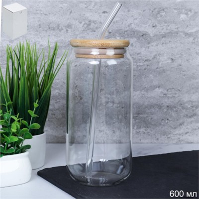 Банка для смузи с трубочкой бамбуковая крышка 600 мл / LCWB10211 /уп 90/