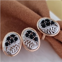 Комплект ювелирной бижутерии Дубайское золото серьги и кольцо, с двойным покрытием позолотой и посеребрением, вставка: фианиты, цвет: черный и прозрачный, 20 р, арт.214.766-20