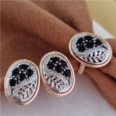 Комплект ювелирной бижутерии Дубайское золото серьги и кольцо, с двойным покрытием позолотой и посеребрением, вставка: фианиты, цвет: черный и прозрачный, 20 р, арт.214.766-20