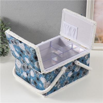 Шкатулка для рукоделия и шитья «Чёрно-белые цветы на голубом», хранение ниток, иголок, мелочи, 19×26×14.5 см