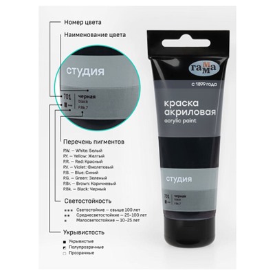 Акриловая краска  75 мл "Студия" черная, в тубе 280220701 Гамма